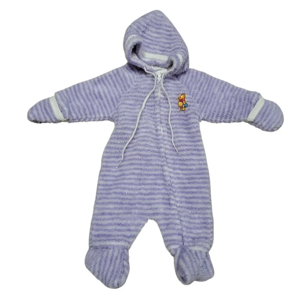 VTG 1983 Winnie The Pooh Purple Striped Infant Newborn Fleece Coverall USA Sears